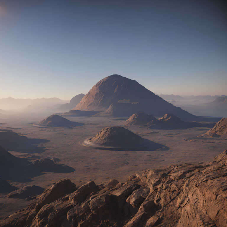 Golden hour desert landscape with round mountain and winding road.