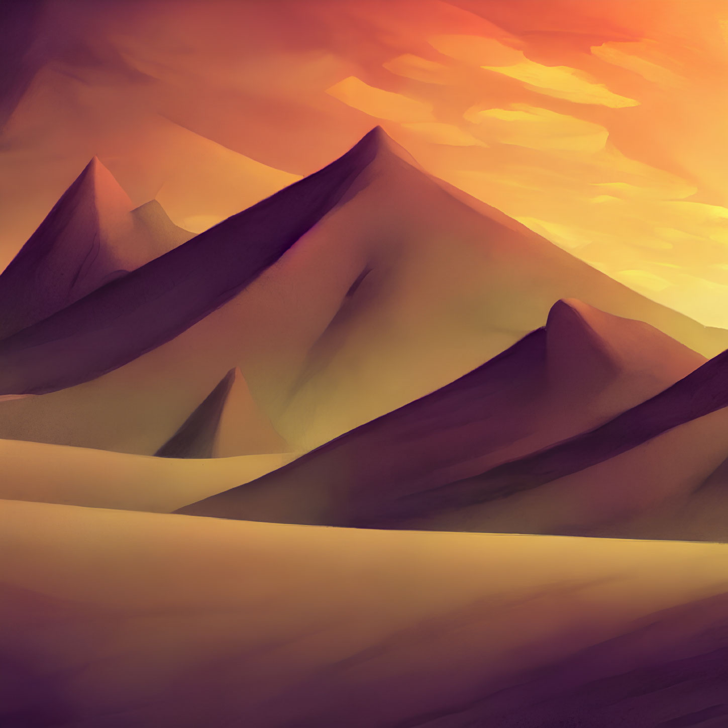 Golden sand dunes with sharp peaks under an amber sky and surreal lighting.