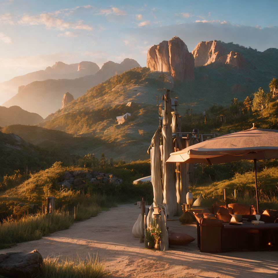 Tranquil outdoor lounge area near path to sunlit mountains