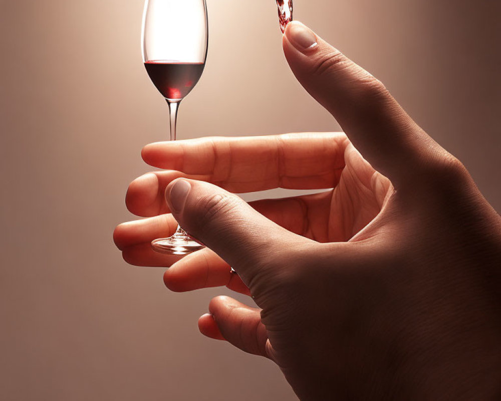 Hand holding wine glass with red wine pouring on warm-toned backdrop