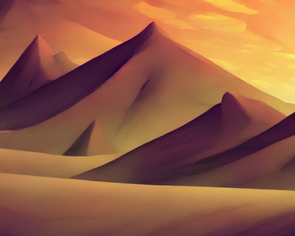 Golden sand dunes with sharp peaks under an amber sky and surreal lighting.