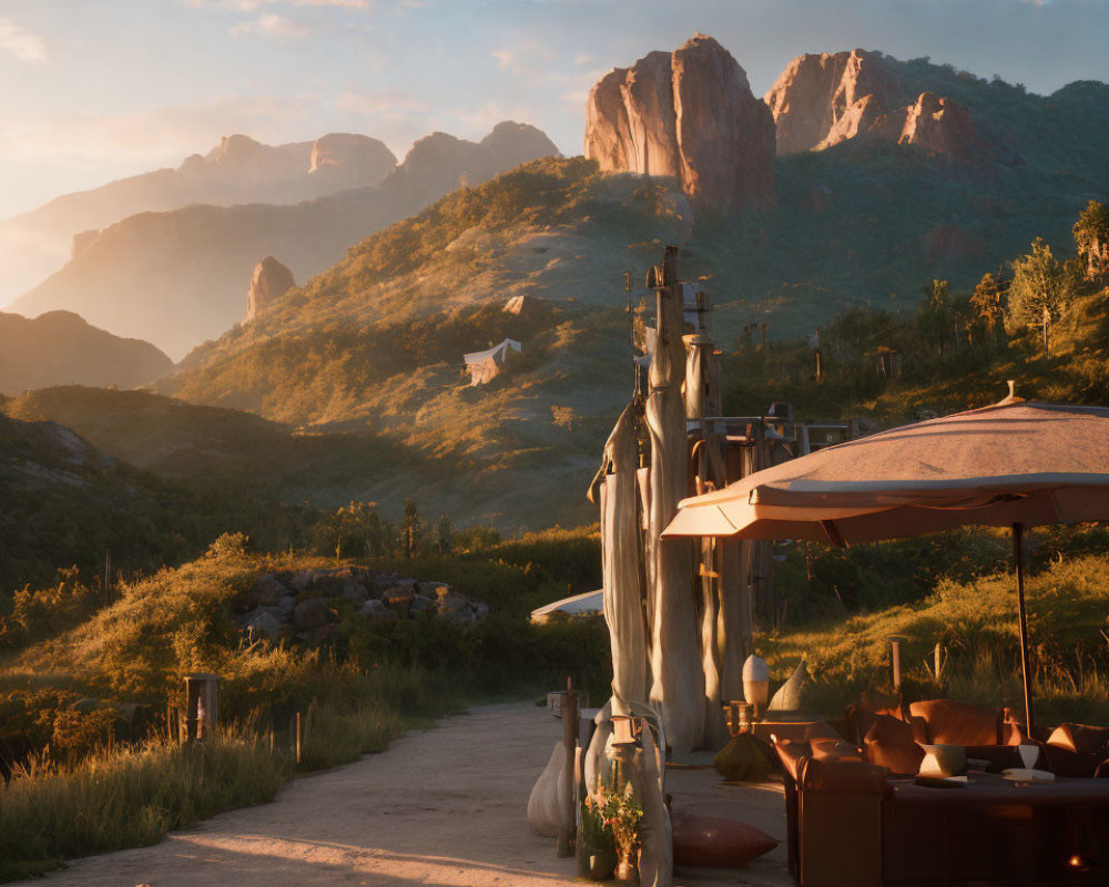 Tranquil outdoor lounge area near path to sunlit mountains