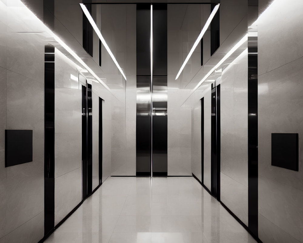 Contemporary elevator lobby with geometric LED lighting, mirrored surfaces, and glossy marble floor