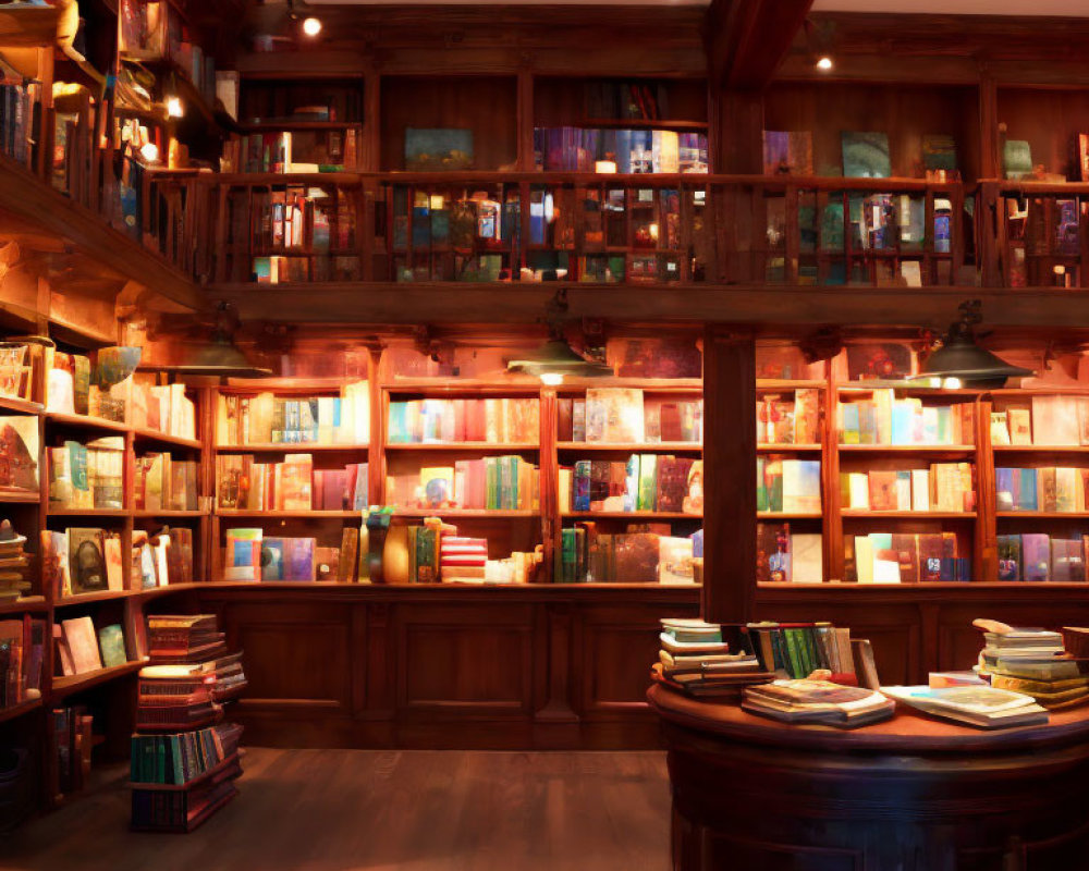 Cozy Bookstore Interior with Wooden Shelves & Mezzanine Level