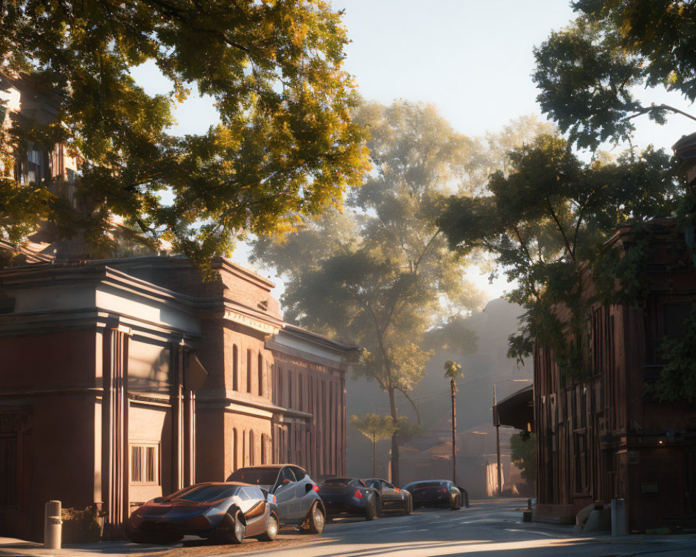 Urban street at sunrise with light rays, parked cars, and historical buildings