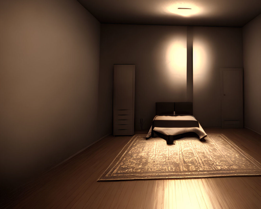 Dimly Lit Room with Bed, Rug, and Closed Doors in Warm Glow