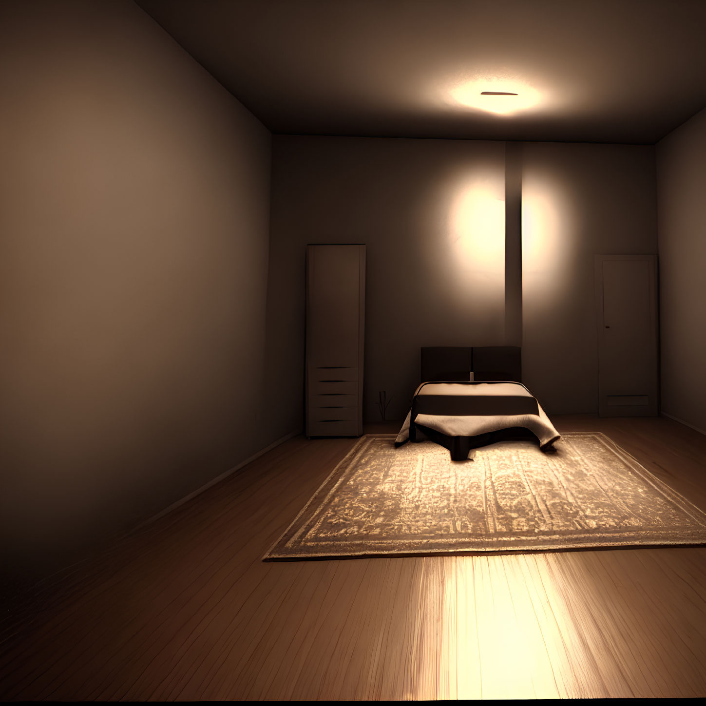 Dimly Lit Room with Bed, Rug, and Closed Doors in Warm Glow