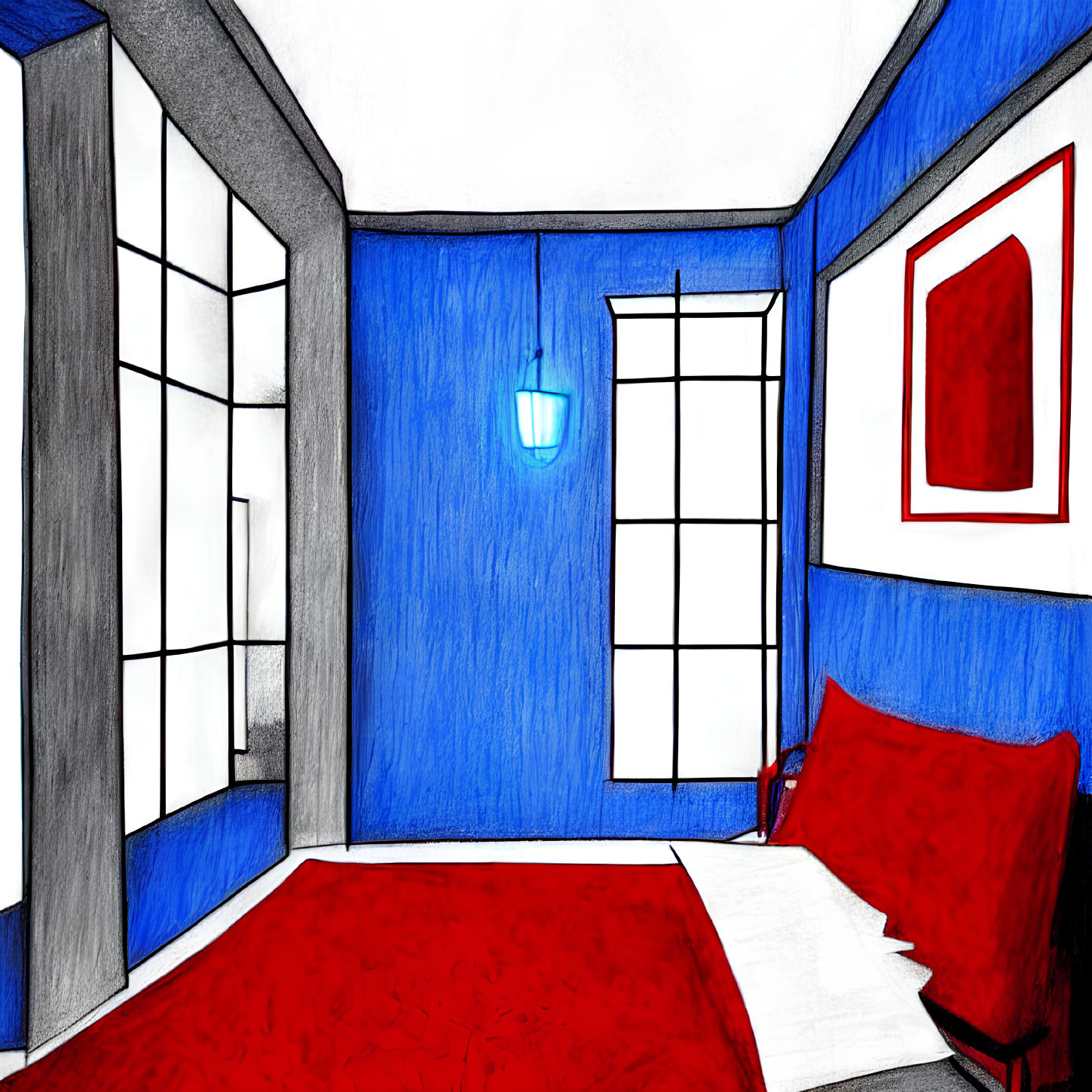 Vivid room with blue walls, red bed, and colorful artwork