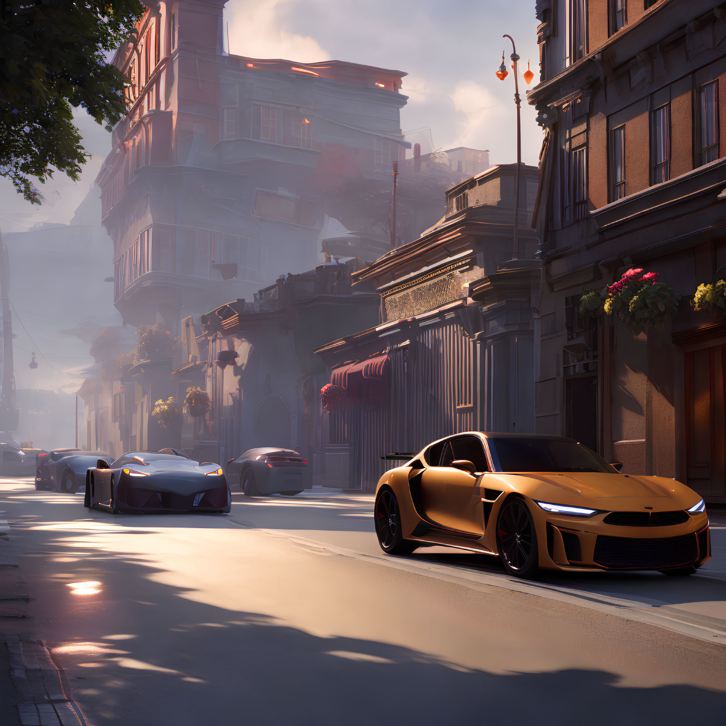 Futuristic orange sports car in a city street scene