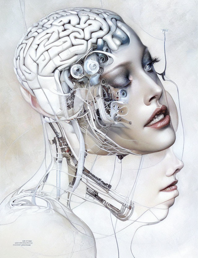 Female figure with cybernetic features and exposed brain on light backdrop