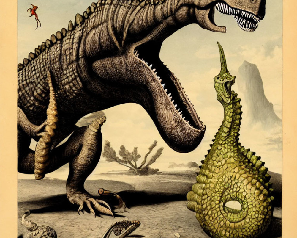 Illustration of Tyrannosaurus Rex-like dinosaur with pterosaur, green coiled creature,