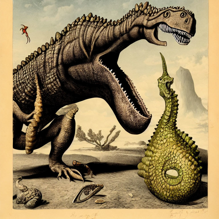 Illustration of Tyrannosaurus Rex-like dinosaur with pterosaur, green coiled creature,