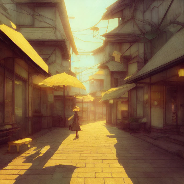 Solitary figure in sunlit street with wooden buildings and umbrellas