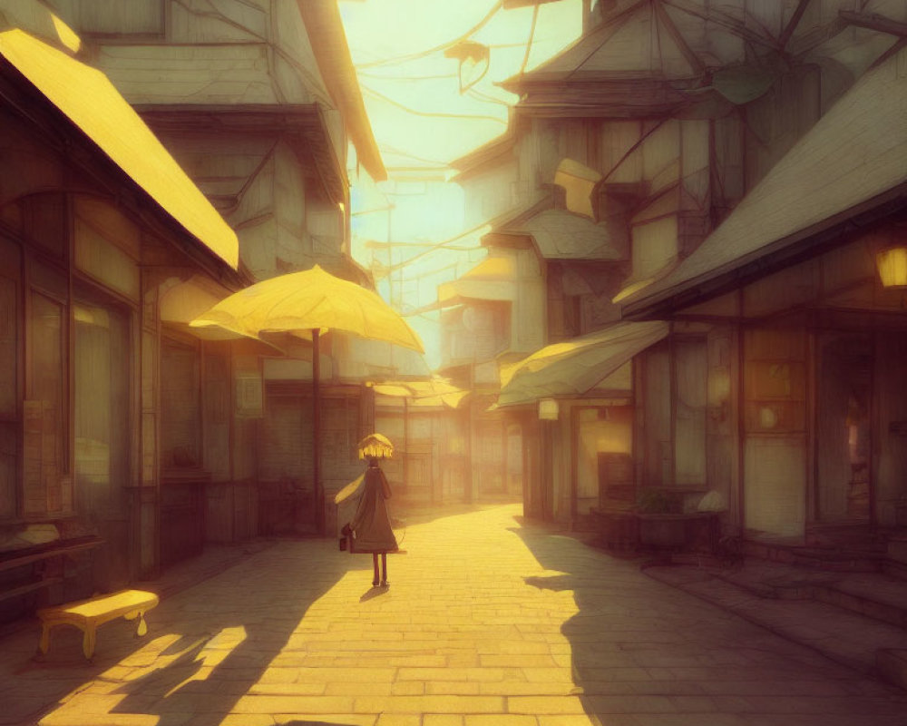 Solitary figure in sunlit street with wooden buildings and umbrellas