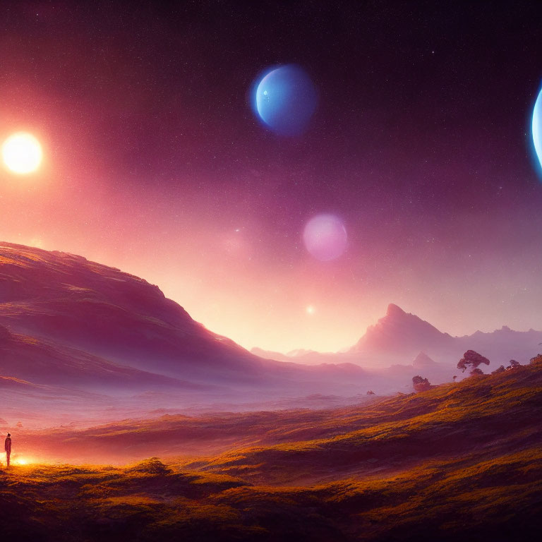 Person on alien planet watching sunset with multiple moons in colorful sky