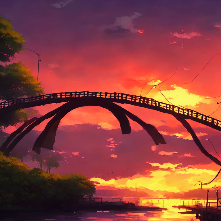 Vivid purple and orange sunset over serene river with pedestrian bridge