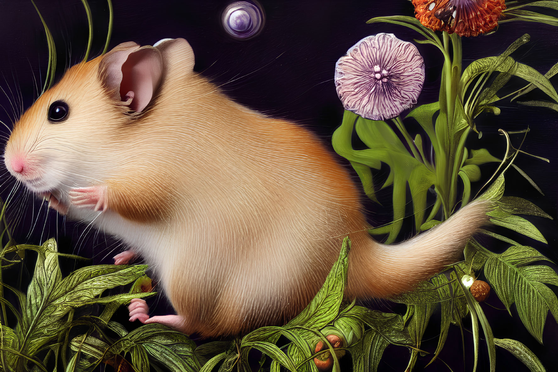 Detailed Illustration: Hamster in Greenery with Floating Pearls