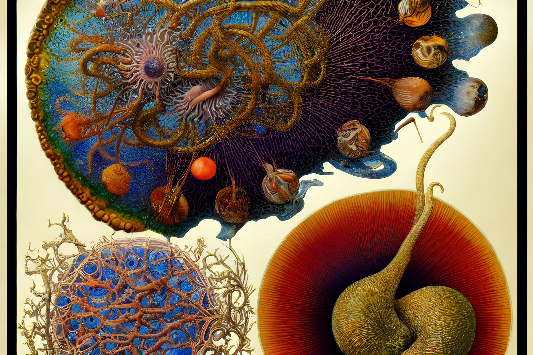 Colorful abstract art with marine-inspired organic shapes and textures.