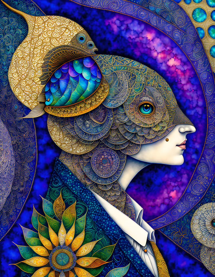 Colorful digital artwork: Stylized human-animal profile with peacock motif