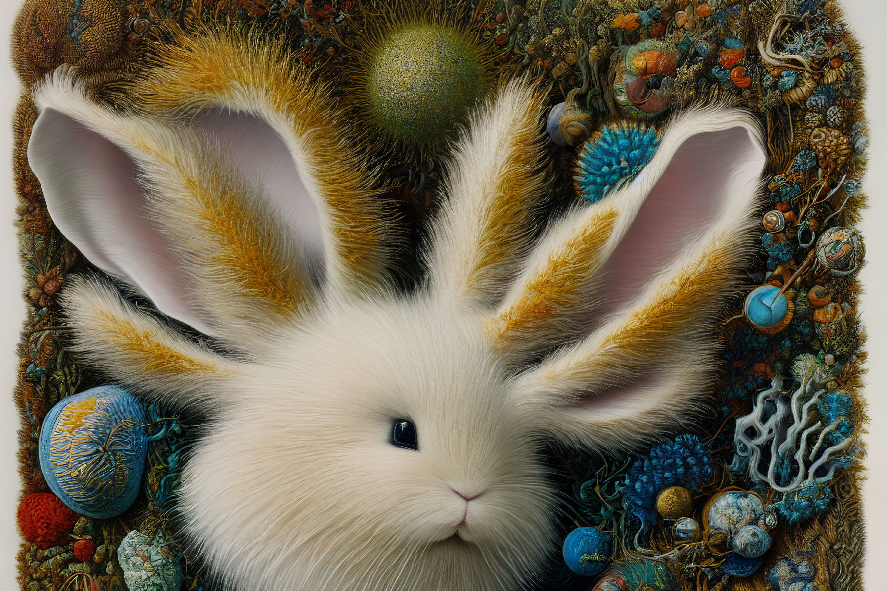 Detailed Hyper-Realistic White Rabbit Illustration with Colorful Flora