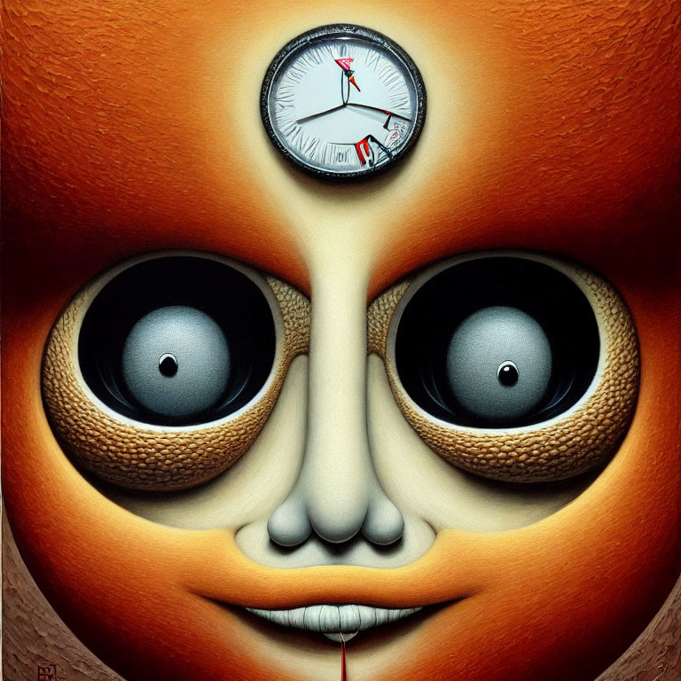 Surreal face with clock forehead and camera lens eyes on orange backdrop