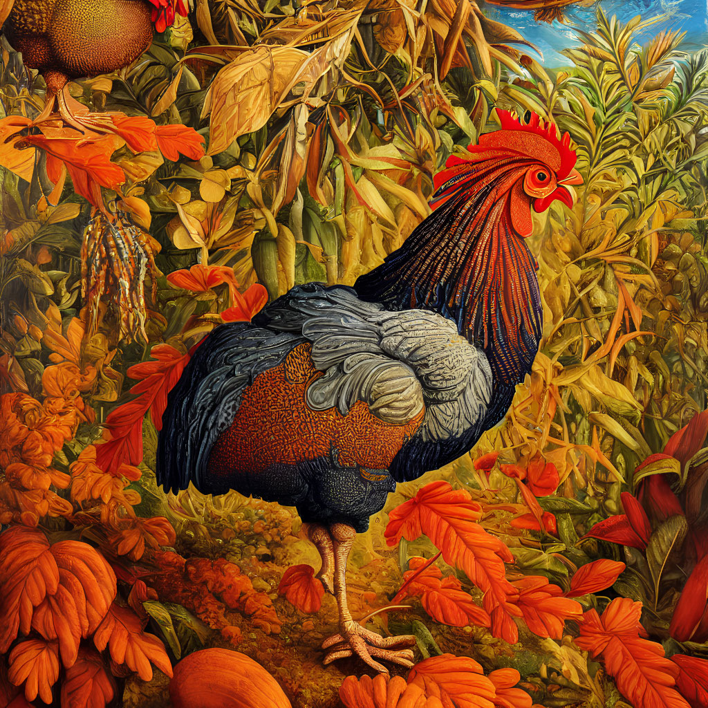 Colorful Rooster Among Orange Flowers and Green Foliage with Detailed Feathers