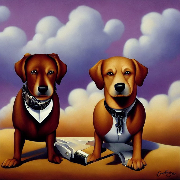 Cartoon Dogs in White Shirts and Ties Against Cloudy Sky