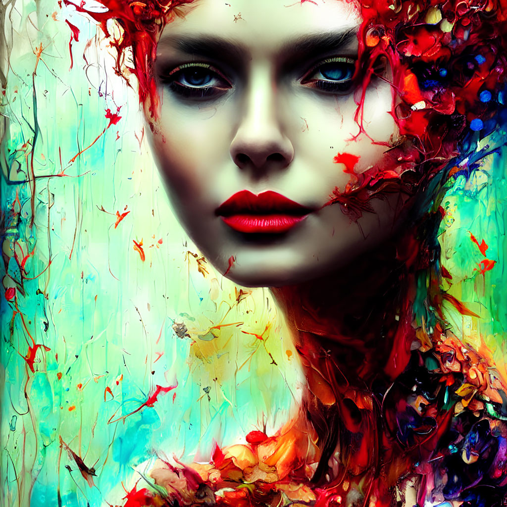 Colorful portrait of a woman with blue eyes and red lips among flowers and ink splatters