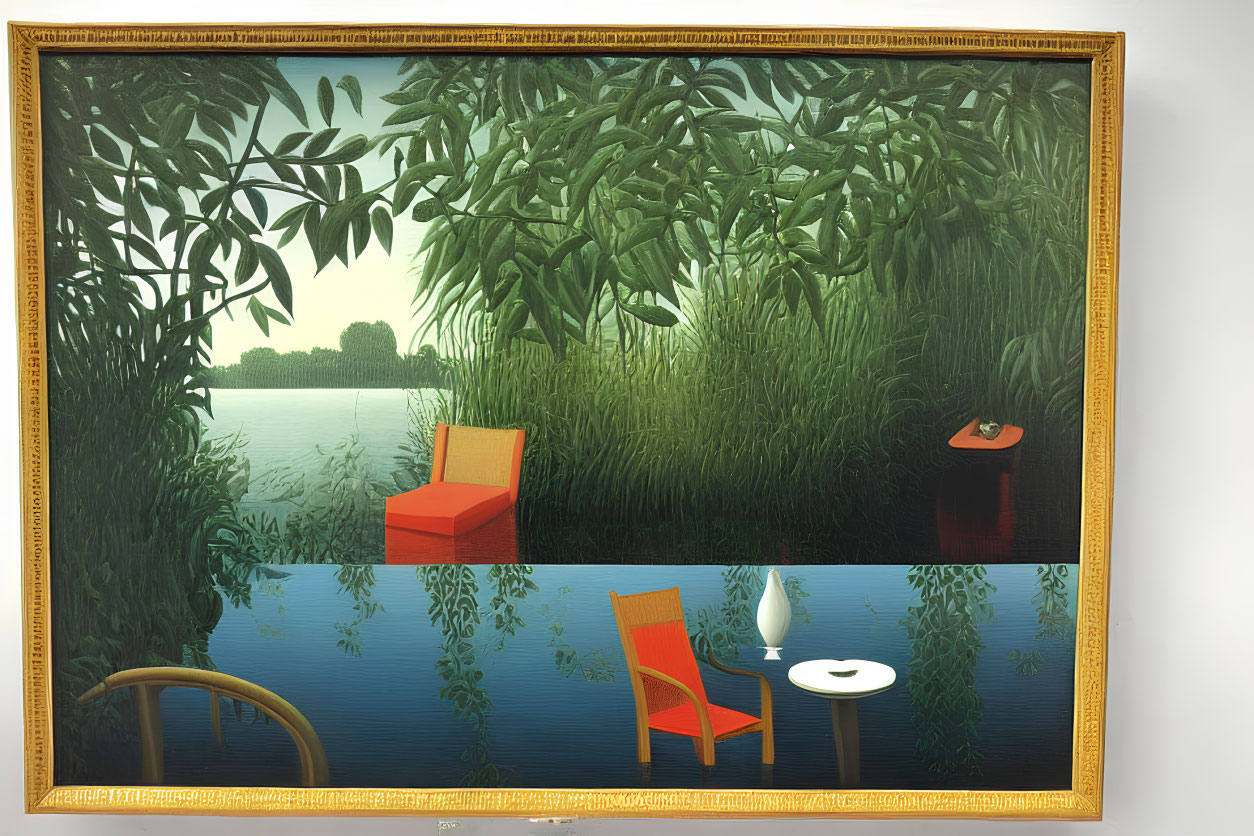 Tranquil natural scene with chair and table reflected in water