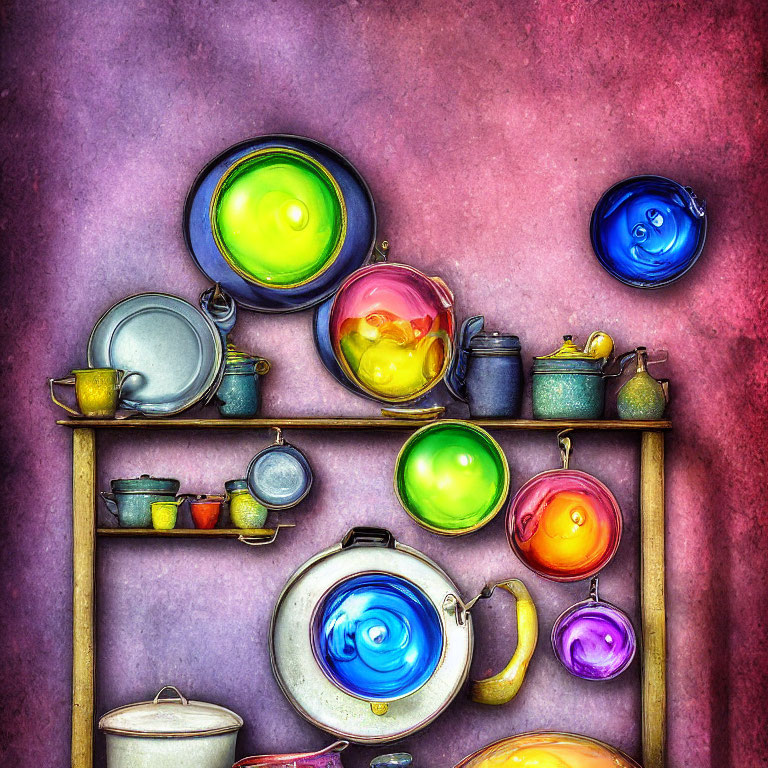 Colorful pots, pans, and dishes on shelf against purple backdrop