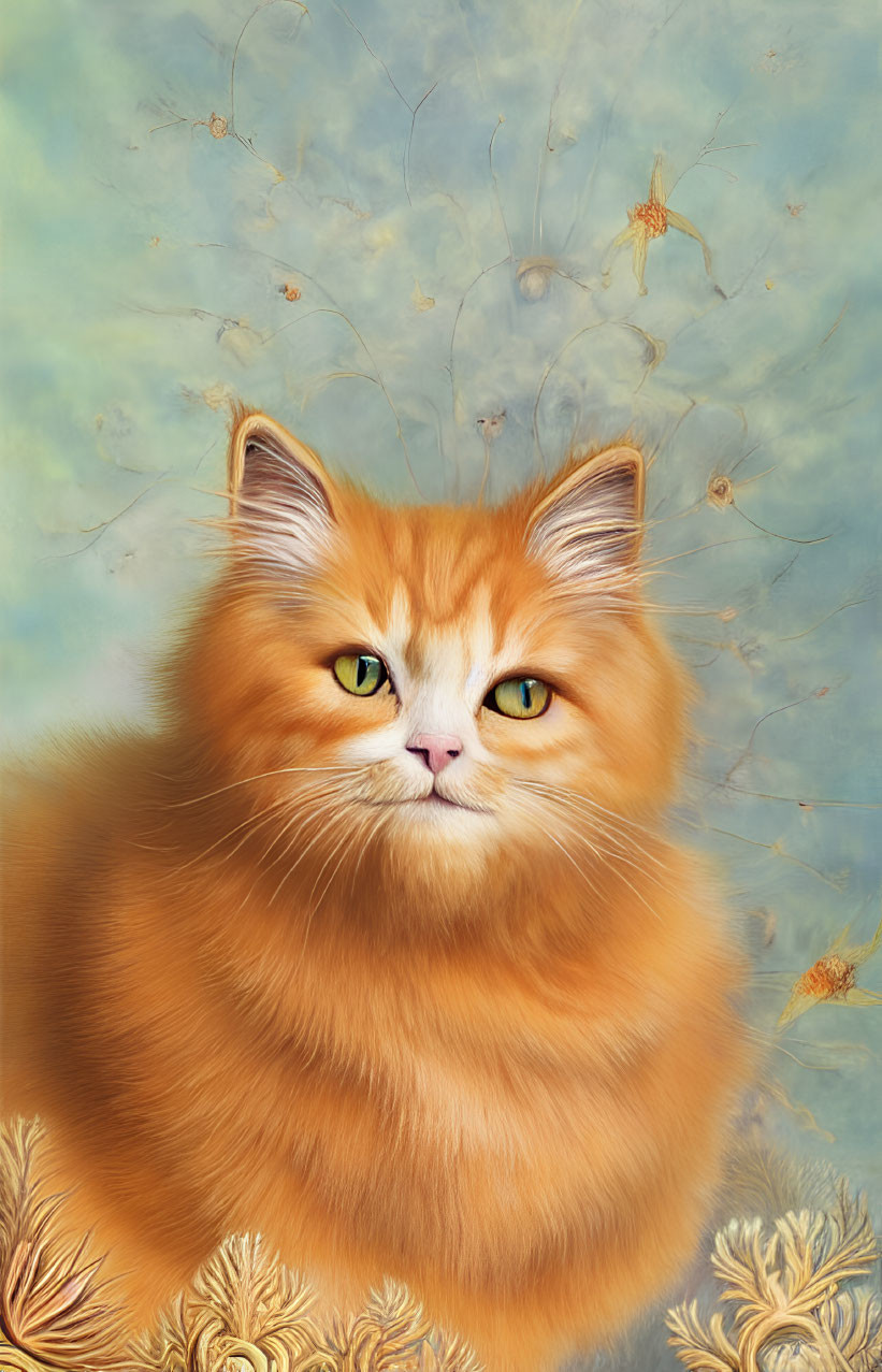 Fluffy orange cat with green eyes on abstract golden background