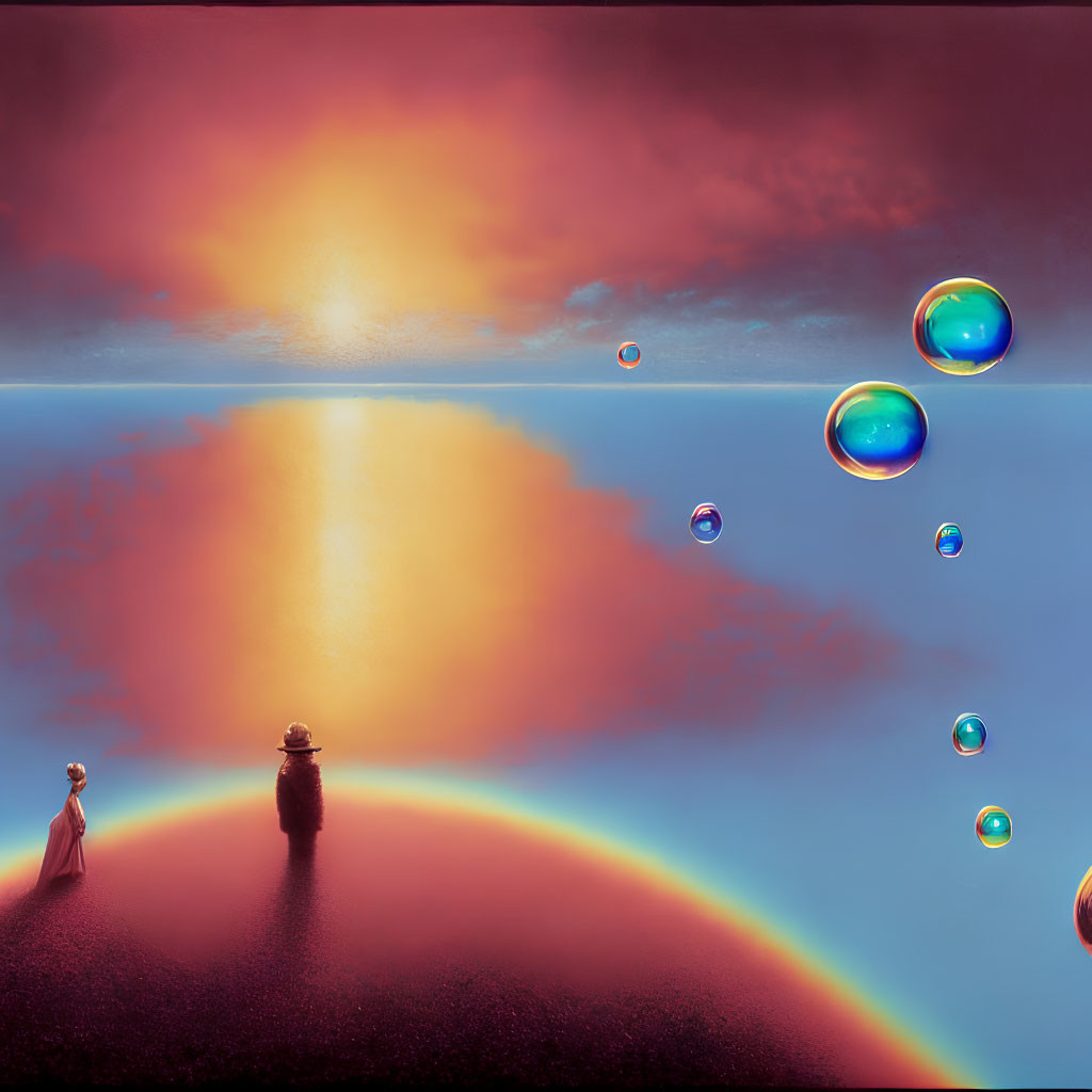 Surreal sunset with silhouetted figures, vibrant sky, bubbles, and rainbow.