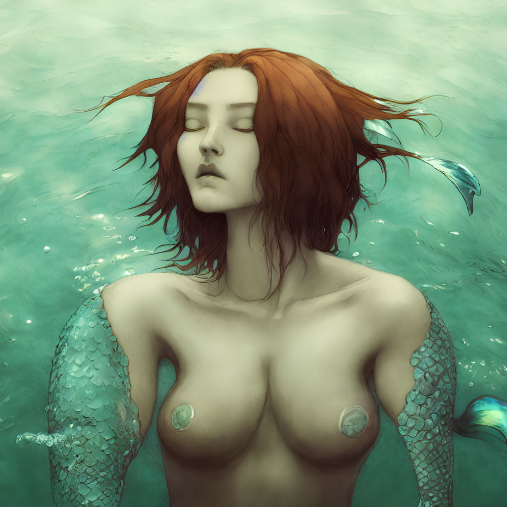 Red-haired mystical mermaid submerged in water with closed eyes.