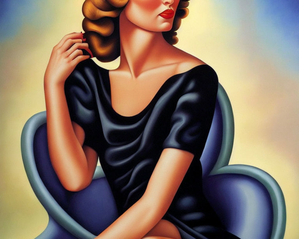 Stylized painting of seated woman in black dress with serene expression