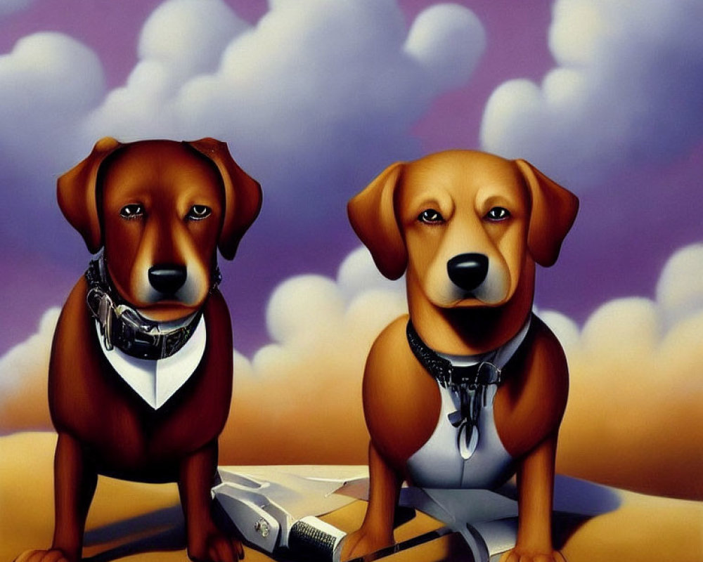 Cartoon Dogs in White Shirts and Ties Against Cloudy Sky