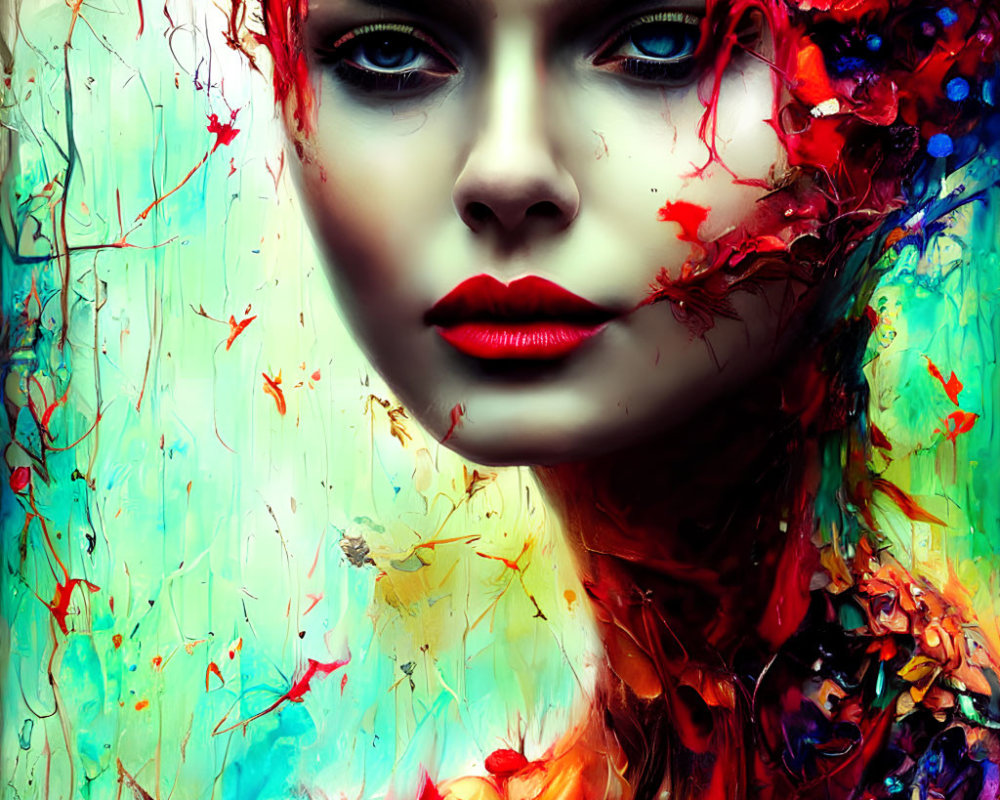 Colorful portrait of a woman with blue eyes and red lips among flowers and ink splatters