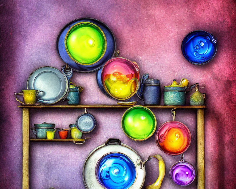 Colorful pots, pans, and dishes on shelf against purple backdrop