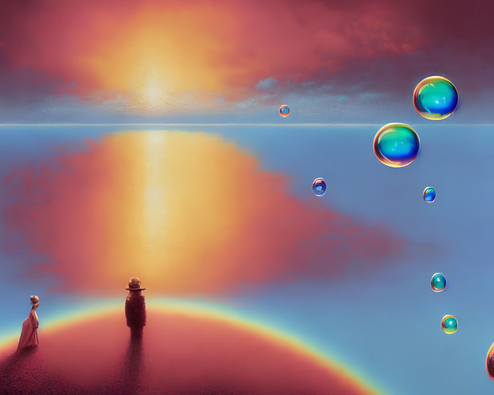 Surreal sunset with silhouetted figures, vibrant sky, bubbles, and rainbow.