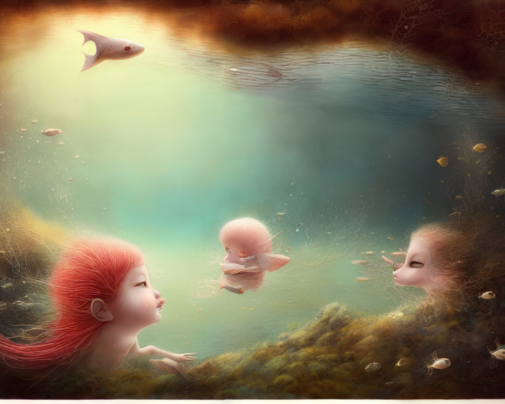 Surreal underwater scene with ethereal beings and fish in golden-lit pond