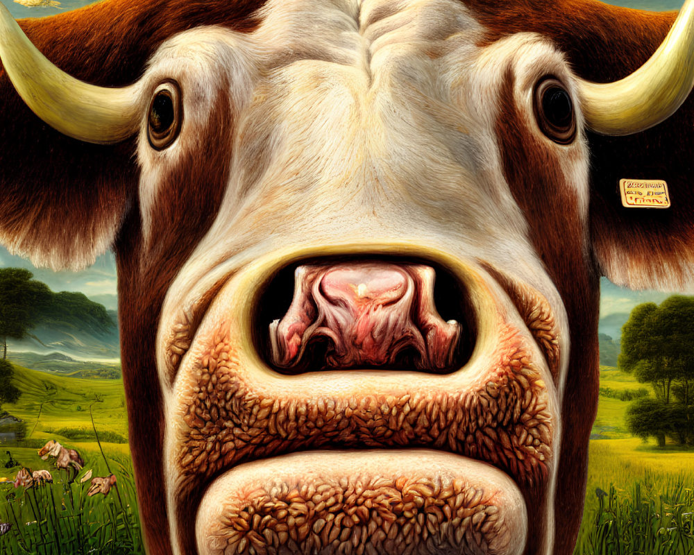 Detailed hyperrealistic cow painting with "Certified Angus Beef" logo in pastoral landscape