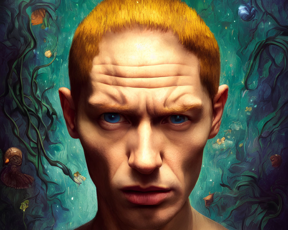 Blond-Haired Person with Striking Gaze in Aquatic Fantasy Scene