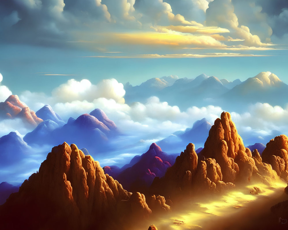 Vibrant digital artwork of dreamy landscape with towering mountains