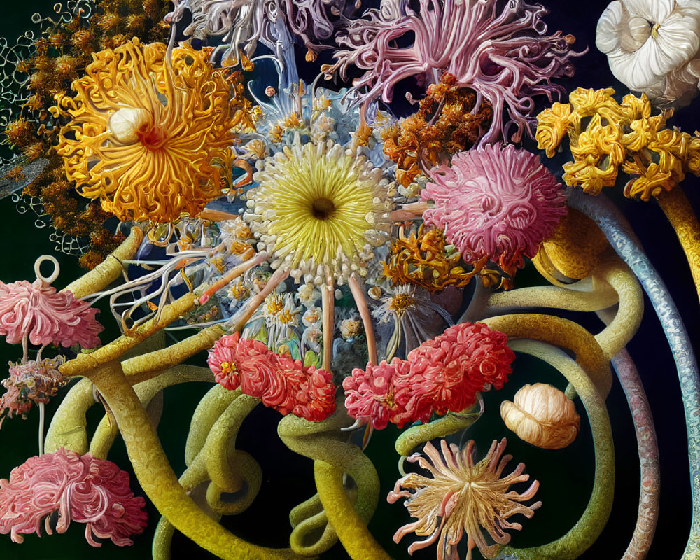 Detailed Surreal Botanical Still Life Painting with Vibrant Colors