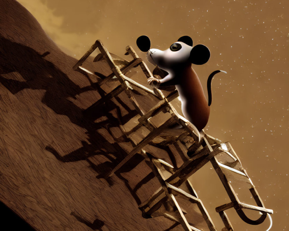 3D-animated mouse climbing wooden ladder on rocky terrain with moon and stars in background