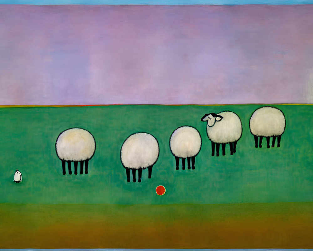 Seven stylized sheep in green field with dog and ball under colorful sky