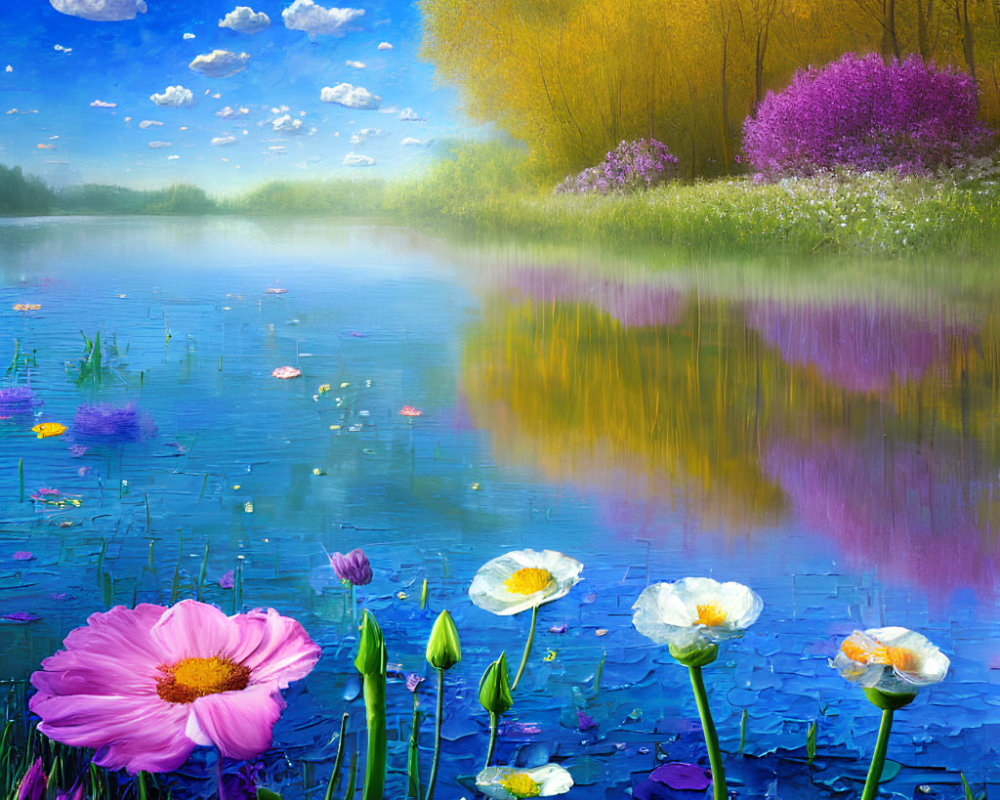 Colorful lake painting with flowers, trees, and mirrored purple blooms.