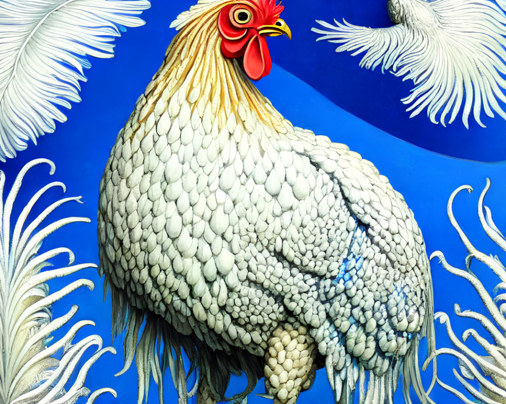 Detailed White Rooster Artwork on Blue Background with Plant Accents