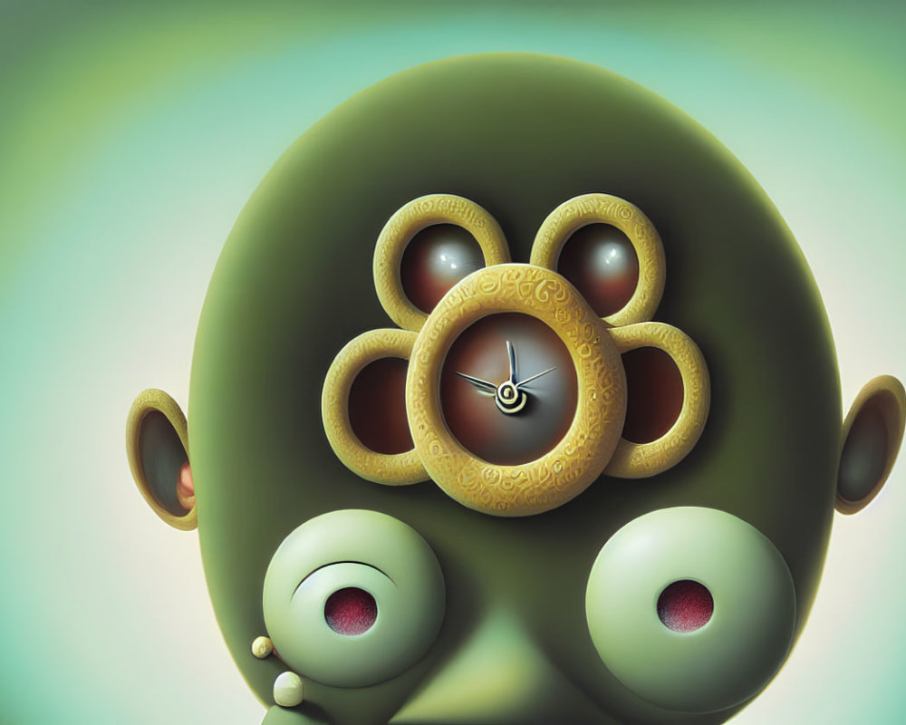 Abstract digital artwork: Surreal character with multiple eyes and clock-like elements