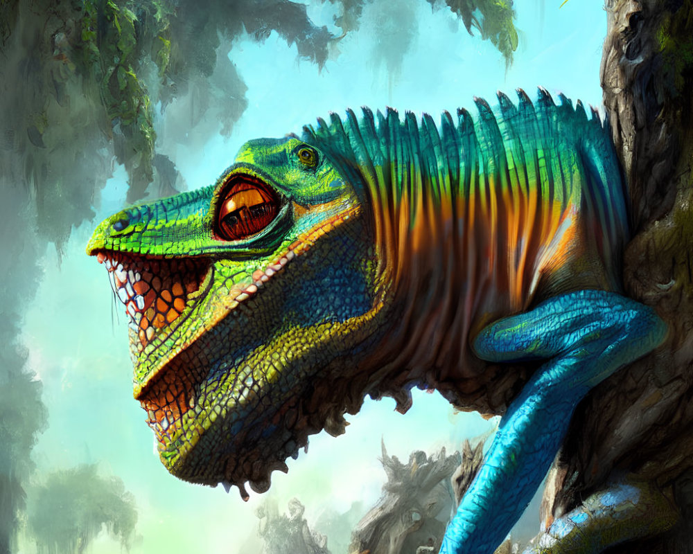 Detailed Illustration of Colorful Reptilian Dinosaur-Like Creature in Forest