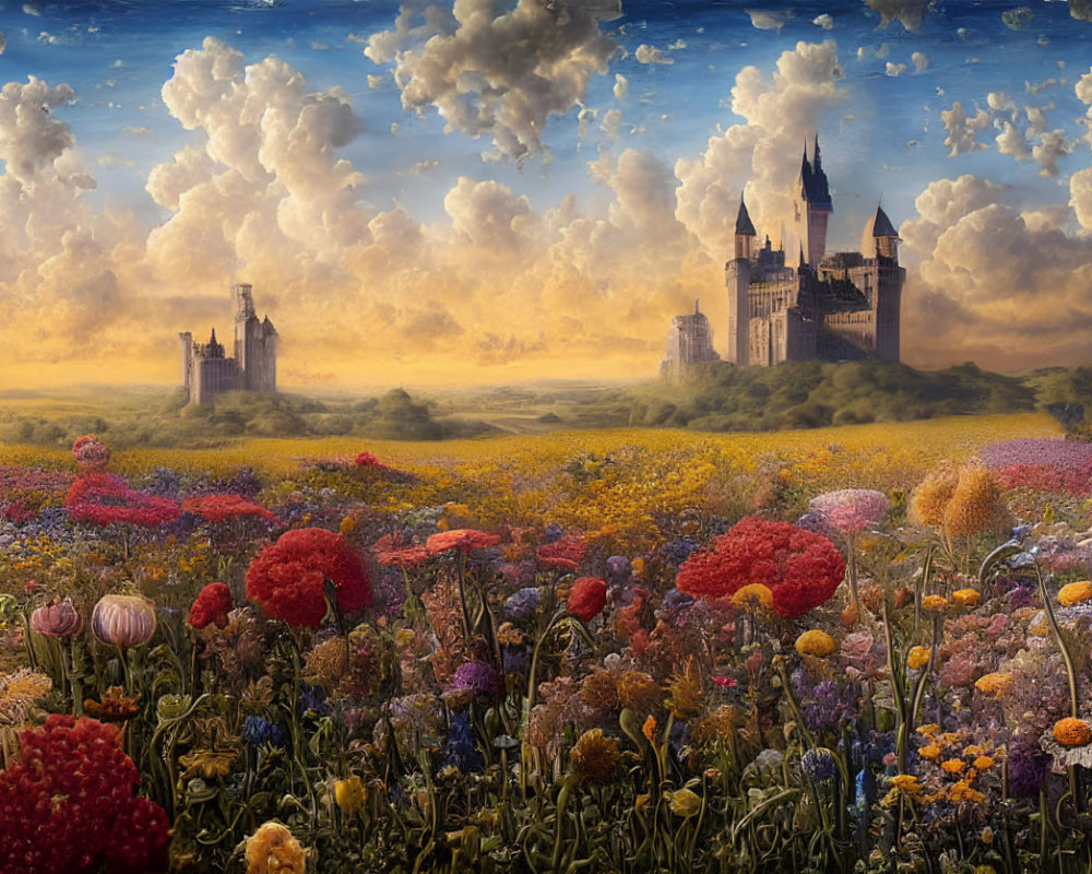 Colorful Flower Field and Castles in Golden Sunset Sky